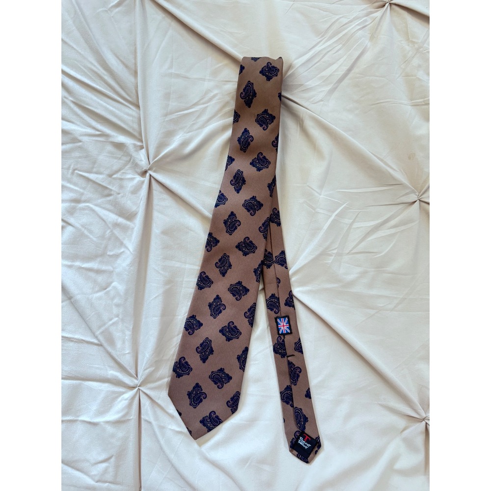Robert Talbott Silk Tie Paisley Hand Block Printed England Tan Blue Purple